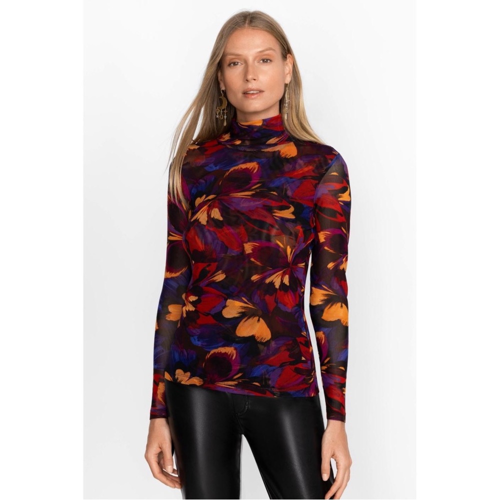 Johnny Was Jade Eclipse Blooms Mesh Long Sleeve Tee in Red & Blue Floral